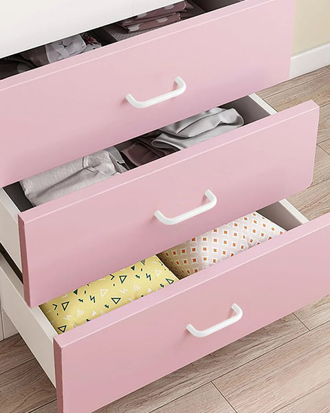Bright White 3.8 Inch Cabinet Pulls 5 Pack Aluminum Alloy Drawer Handles on pink drawers showing curved tray style.