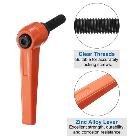 Orange 8 Pcs Adjustable Lever Handles M8 x 30mm Metric Thread With 70mm Levers showing zinc alloy lever and clear threads detail.