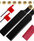 Heavy Duty Pro Grade Carbide Lathe Tool Kit With Blade Holder And Five Eighths Inch Shank, 10 RPMT10T3 Inserts, Includes SRAPR1616H10 And SRAPL1616H10, Plus 2 Wrenches For Metal Lathe Turning And Boring displayed with components and inserts