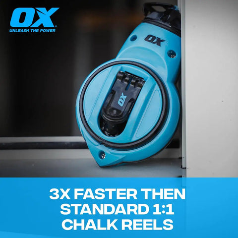 Trade Ready Workhorse Heavy Duty Chalk Reel With 100 Ft Thin Line Small Chalk Line Straight Line Reel resting on ledge