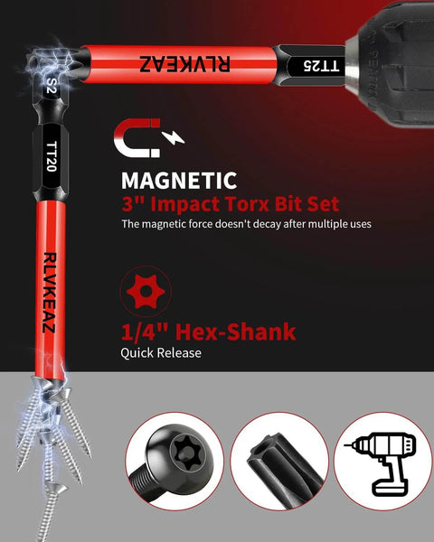 Front view of RLVKEAZ 12-piece Magnetic 3-inch Torx Bit Set with 1/4-inch hex shank, S2 steel