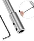 Solid Forstner Bit Extender Chuck With 3 8 Inch Hex Shank Drill Adapter showing steel construction and included hex wrench.