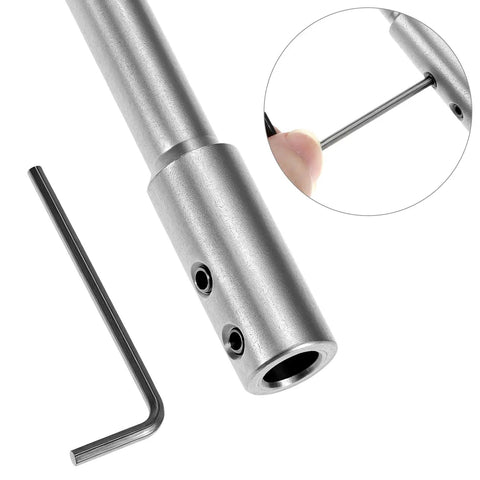 Solid Forstner Bit Extender Chuck With 3 8 Inch Hex Shank Drill Adapter showing steel construction and included hex wrench.