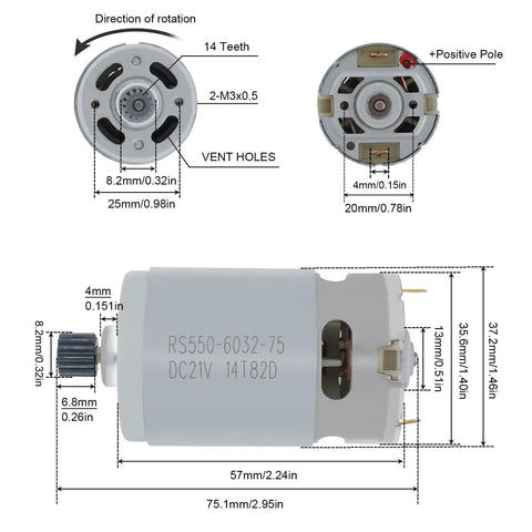 Diagram of RS550 DC Motor 8.2mm Gear 14 Teeth Micro Motor 21V 28000RPM High Speed Electric Saw Motor dimensions and features.