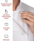Close-up of Le Mans Style Women’s Chef Coat With Side Seam Slits for Maximum Mobility showing button front and durable polyester blend.