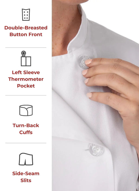 Close-up of Le Mans Style Women’s Chef Coat With Side Seam Slits for Maximum Mobility showing button front and durable polyester blend.