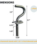 Heavy Duty Hammock Hook Replacement For Stands With 1.5 Or 1.66 Or 1.89 Inch Poles, Three Eighths Inch Shaft, Galvanized Iron, 500 Lb Capacity, Wing Screw Design, Tool Free Install, 2 Pack close-up with dimensions
