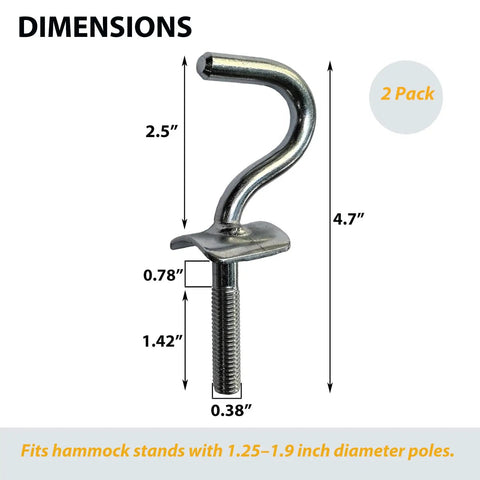 Heavy Duty Hammock Hook Replacement For Stands With 1.5 Or 1.66 Or 1.89 Inch Poles, Three Eighths Inch Shaft, Galvanized Iron, 500 Lb Capacity, Wing Screw Design, Tool Free Install, 2 Pack close-up with dimensions