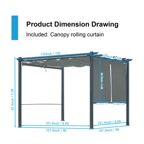 10 By 10 Ft Outdoor Pergola With Retractable Shade Canopy Matte Aluminum Frame Four Roller Shade Curtains Grape Trellis For Patio Backyard Garden Or Deck Grey dimensions drawing