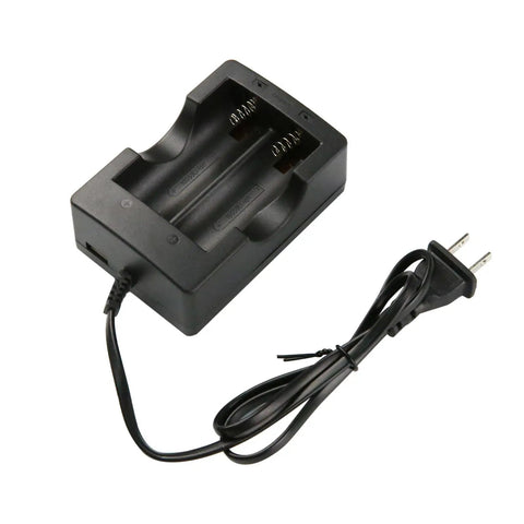 Two Slot 18650 Battery Charger For Li Ion Rechargeables 4.2V With Smart IC Auto Stop When Full US Plug Charger No Fuss Universal 18650 26650 Compatible Battery Charger, black dual-slot charger with US plug