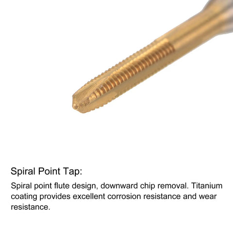 Close-up of a titanium plated M2 X 0.4 spiral point thread tap showing flute design for precision threading on small machine screws.