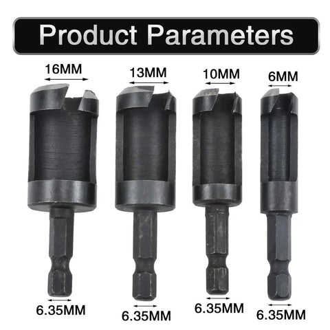 Tough As Nails Wood Plug Cutter Drill Bit Set Featuring Four Slick Cutting Heads and One Quarter Inch Hex Shank with size indicators.