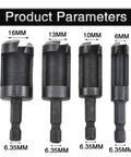 Premium High-Carbon Steel Hex Shank Wood Plug Cutter Set 4 Piece Kit shown with various sizes including 16MM, 13MM, 10MM, and 6MM.