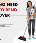 Woman using Heavy Duty Angle Broom With Adjustable Handle And Wide Brush Head Built Like A Beast To Clean Concrete Patios Garages And Driveways Without Breaking A Sweat Two Pack Black Red.