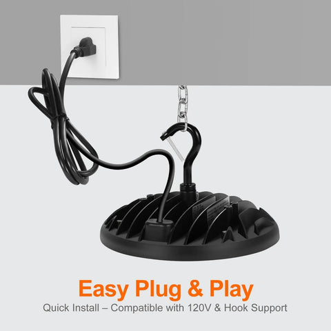 UFO LED High Bay Light 100W For Warehouses And Workshops, 11,000 Lumens, 5000K Daylight, 120V Plug And Play with cord connected