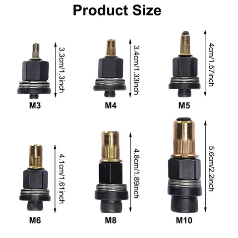 Six Piece Carbon Steel Rivet Nut Tool Set With M3 M4 M5 M6 M8 M10 Heads Handy Manual Riveting Gun sizes labeled