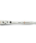 Quarter Inch Drive Locking Flex Head Ratchet With 60 Tooth Gear And Nine Position Push Button Lock And Compact Head Design Built For Tight Spots And A Full Polish Grip For Comfort And Control lying flat