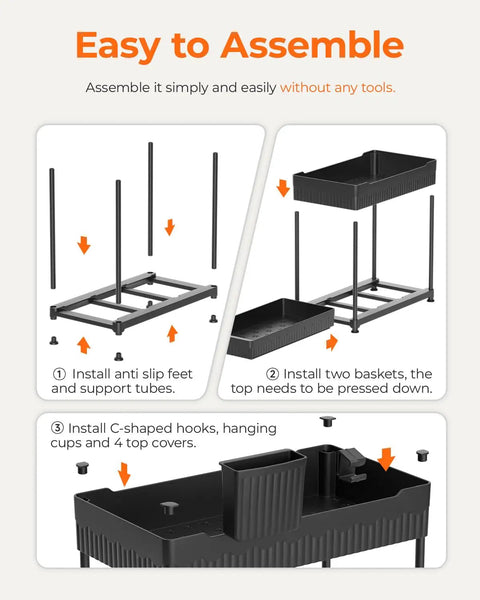 Assembly instructions for Three Pack Under Sink Organizers With Smooth Sliding Drawers And Heavy Duty Mesh Bins, Adjustable Kitchen Cabinet Storage Rack.