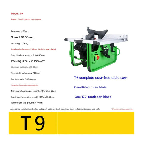 Knockout 10 Inch Mini Table Saw With Sleek Sliding Table And Dust Free Design For Smooth Woodworking Cuts Rigged With A Badass 2200W Motor, showing T9 model.