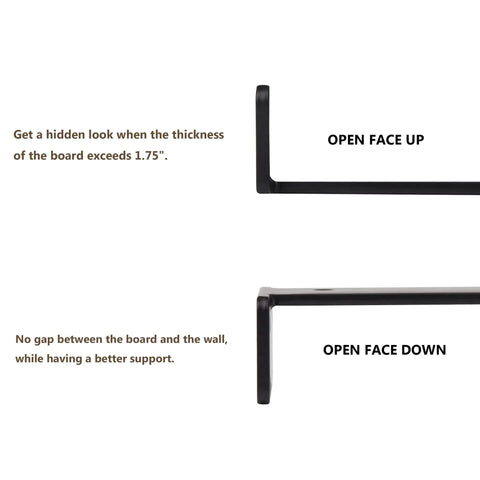 Heavy Duty Floating Shelf Brackets 11 Inch Set For Wall And Garage Shelves Black Powder Coated Steel showing open face options.