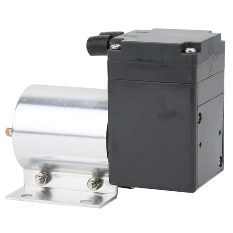 Dc 12 Or 24 Volt Mini Vacuum Pump With Integrated Mount, 10 Watt Portable Electric Diaphragm Air Compressor with silver cylinder.
