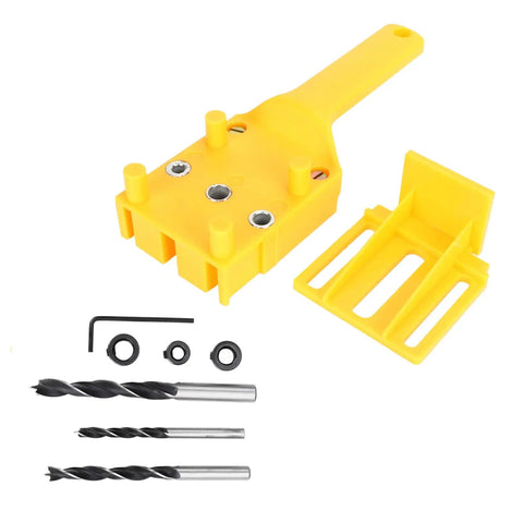 8 Piece Woodworking Dowel Jig Kit With Portable Hands On Design For Pro Grade Precision Pocket Hole Drilling In Woodworking Projects And DIY Furniture Building For Home And Shop Use, showing yellow jig with drill bits and accessories.