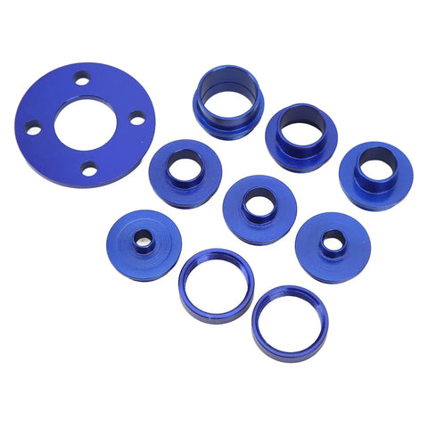 Heavy Duty Aluminum Router Template Bushing Set With Twin Lock Nuts Top Shelf Guide Rings, blue precision guide rings and bushings.