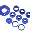 Kickass Aluminum Router Bushing Set Packing Ten Slick Template Guide Rings And Solid Lock Nuts For Effortless Woodworking Routing and No Sweat Template Alignment On Your Next Big Build, featuring blue aluminum rings.