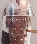 Side view of Rugged Mild Steel Shoulder Armor With Neck Gorget For Adults, showcasing oiled finish and leather buckle closure.