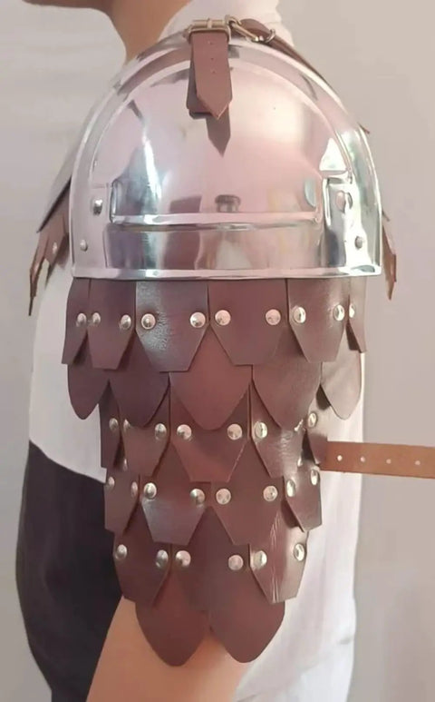 Side view of Rugged Mild Steel Shoulder Armor With Neck Gorget For Adults, showcasing oiled finish and leather buckle closure.