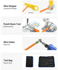 Close-up of RJ45 Crimp Tool Kit components including wire stripper, punch down tool, wire cutter, and tool bag for Ethernet connectors.