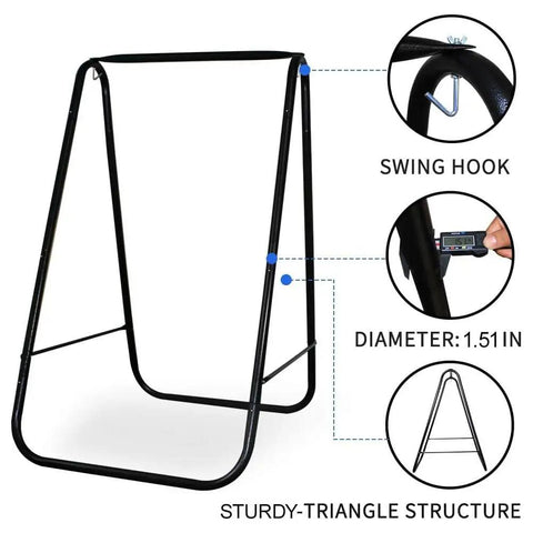 Heavy Duty Hammock Chair With Stand For Indoor Outdoor Use Triangular Support Frame 500 Lbs Weight Capacity Includes Two Cushions Space Saving Swing Chair For Porch Backyard Or Poolside Dark Grey, featuring swing hook and sturdy triangle structure.