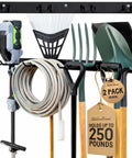 Beefy 72 Inch Wall Mount Tool Organizer Rack Set With 2 Fixed 36 Inch Rails And 8 PVC Coated Hooks For Garden Tools, Rakes, Shovels, And Yard Gear, Industrial Steel Garage Organization, 500lb Capacity, holding various tools.