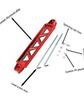 Heavy Duty Aluminum Alloy Car Battery Hold Down Bracket features red aluminum, iron screws, and a PP plastic gasket for secure mounting.