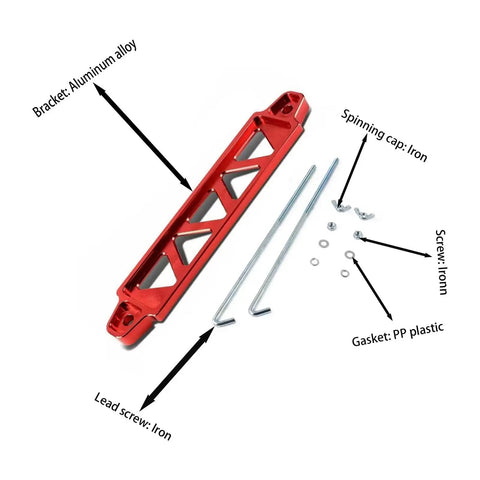 Heavy Duty Aluminum Alloy Car Battery Hold Down Bracket features red aluminum, iron screws, and a PP plastic gasket for secure mounting.