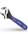 Six Inch Adjustable Wrench with Wide Jaw for Medium Bolts M6 to M16 Beefy Heavy Duty CR-V Steel Black Oxide Finish in blue handle
