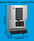 Rock Solid Commercial Cubelet Nugget Ice And Water Dispenser Features Hands Free Operation And Built In Storage Box That Churns Out 257 Lbs Of Chilled Ice Daily To Keep Your Commercial Kitchen Running Smooth, with dimensions.