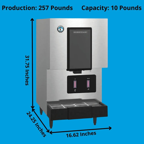 Rock Solid Commercial Cubelet Nugget Ice And Water Dispenser Features Hands Free Operation And Built In Storage Box That Churns Out 257 Lbs Of Chilled Ice Daily To Keep Your Commercial Kitchen Running Smooth, with dimensions.