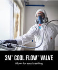 Professional using Advanced Comfort Reusable Respirator Kit 7512P1-DC OV P95 with Medium Facepiece during spraying task indoors.