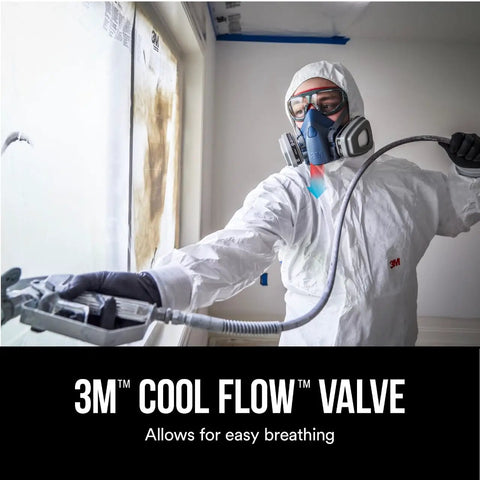 Professional using Advanced Comfort Reusable Respirator Kit 7512P1-DC OV P95 with Medium Facepiece during spraying task indoors.