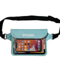 Waterproof Waist Pouch Dry Belt Bag for Swim Surf Snorkel Keep Phone Kindle Wallet Keys and Fob Dry and Safe Lightweight Fanny Pack Submersible to 32 Feet Fits Most Phones Green, showing front view with phone inside.