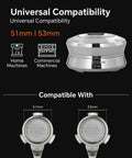Premium Espresso Gravity Distributor Tool with Smart Four Blade Base shown compatible with 51mm and 53mm portafilter handles.