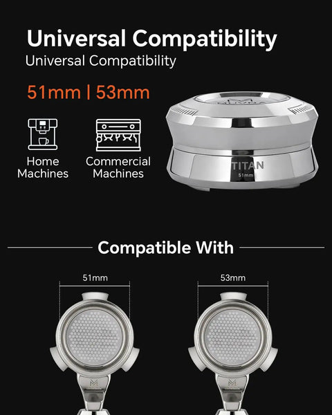 Premium Espresso Gravity Distributor Tool with Smart Four Blade Base shown compatible with 51mm and 53mm portafilter handles.