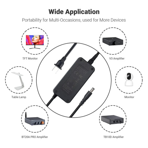 48V 5A Power Supply For Home Audio Amplifiers And Bluetooth Stereo Receivers Stable 48 Volt Adapter applications shown