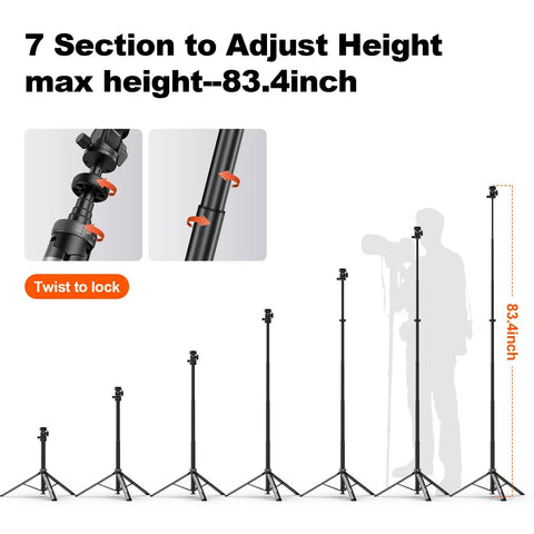 Auto Open 83.4 Inch Light Stand With Quick Release Ball Head showing adjustable 7-section height and twist-to-lock feature.