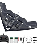 Top view of B2 Spirit Stealth Bomber RC Plane Ready to Fly 2CH Remote Control with accessories and gyro stabilizer.