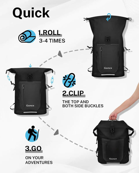 Ultralight Waterproof TPU Backpack 35L Roll Top Dry Bag with step-by-step guide for kayaking and adventures, black