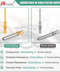 Ultimate JRready Deutsch DTM Connector Pins And Sockets Kit Size 20 gold-plated and nickel-plated contact comparison for electrical use.