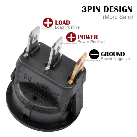 Back view of Three Pack 12V DC 20A Blue Round Rocker Toggle Switch with Bright Blue LED Indicator SPST On Off Power Switch for Cars showing 3-pin design