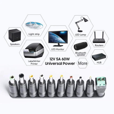 10 interchangeable tips for 12V Universal Power Supply for Sony PS4 PSVR PSVR2 and NAS Systems, MSI Monitors, Zebra ZQ Printers.